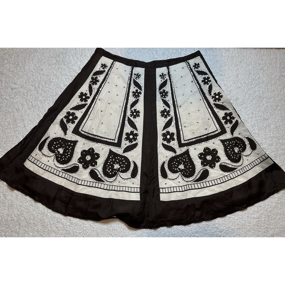 Odille By Anthropologie Peasant Skirt Brown And Cream W/ Sequined Pattern Sz 8